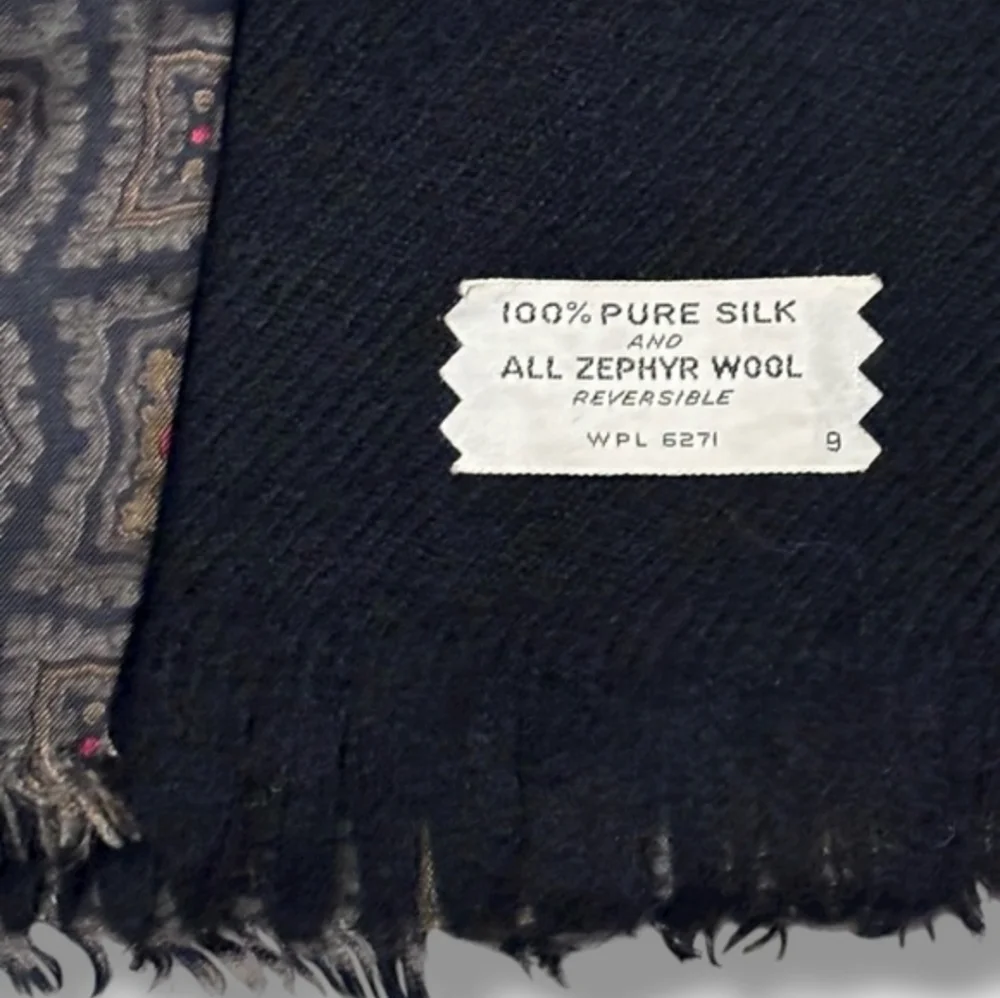 VINTAGE Reversible Scarf Black All Zephyr Wool & 100% Silk Geometric Tile